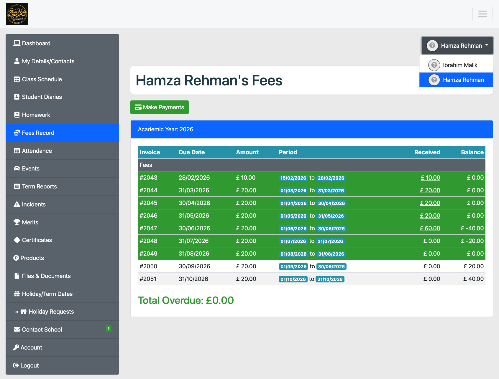Fees and payments